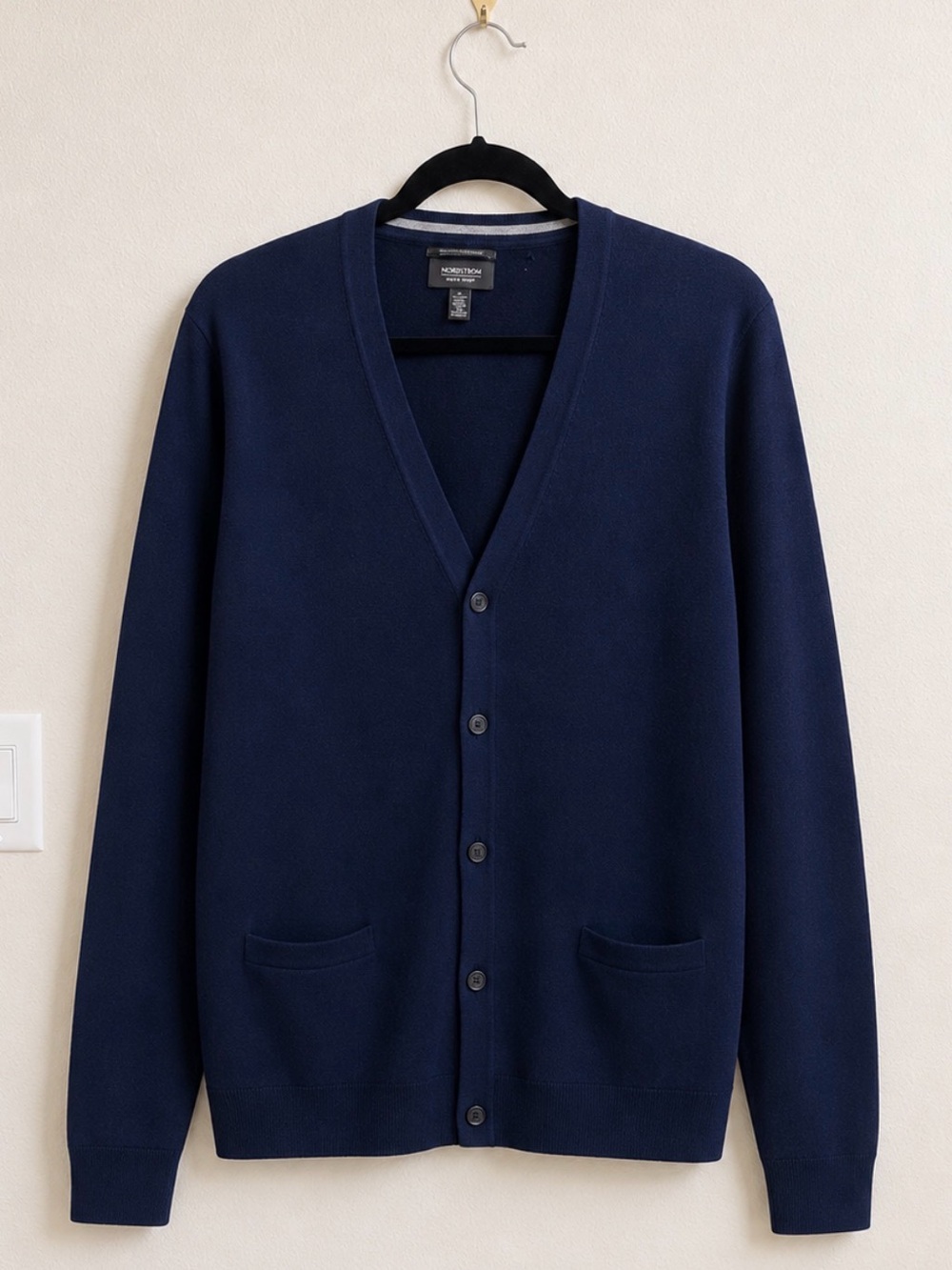 100% merino wool Nordstrom Men’s Dark Navy V-Neck Button Cardigan